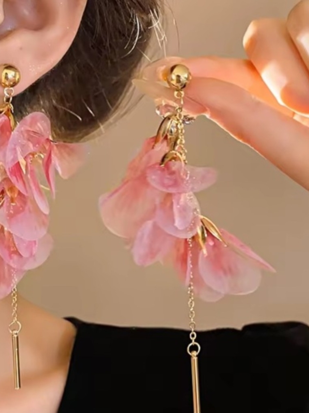 Gold & Pink Floral Drop Earrings - Women Jewelry